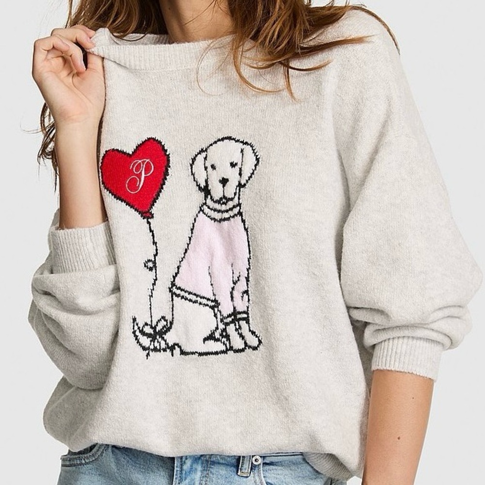 PINK Victoria’s Secret L Campus Knit Sweater Snow Heather VS Dog V-Day Crew Gray